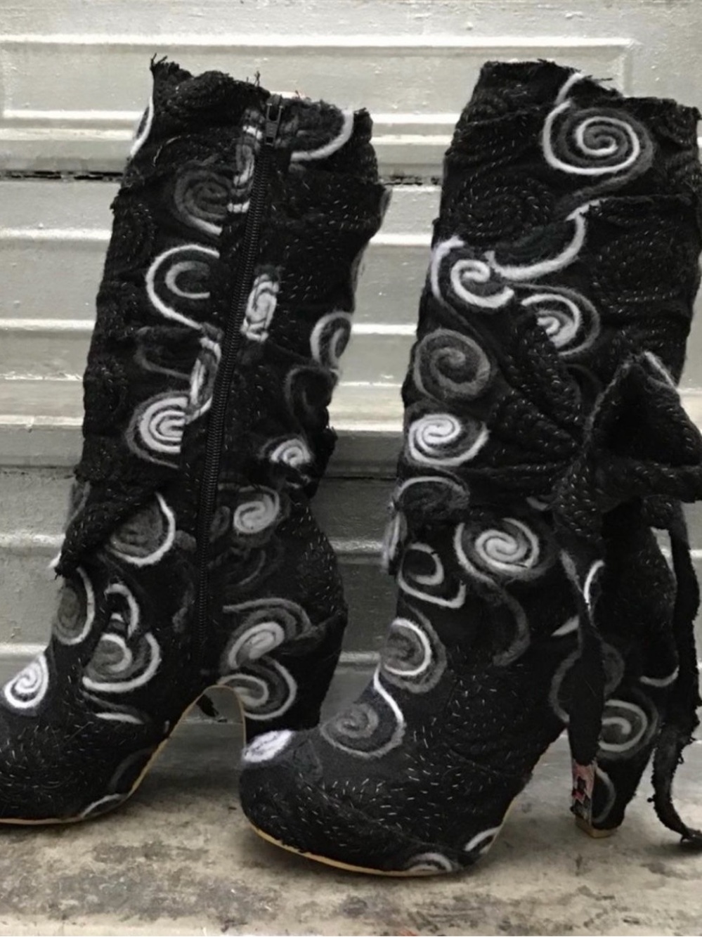 Irregular Choice Black and White Swirl Mid-Calf Heeled Boots